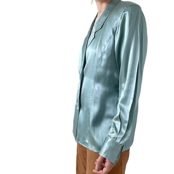 Vintage 80s Womens Blue Double Breasted 100% Silk Preppy Sexy Blouse Sz L - Picture 8 of 13